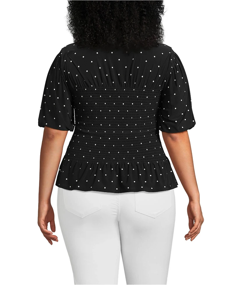 Lands' End Plus Bubble Sleeve Silky Knit Smocked Mock Neck Top
