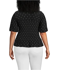 Lands' End Plus Bubble Sleeve Silky Knit Smocked Mock Neck Top