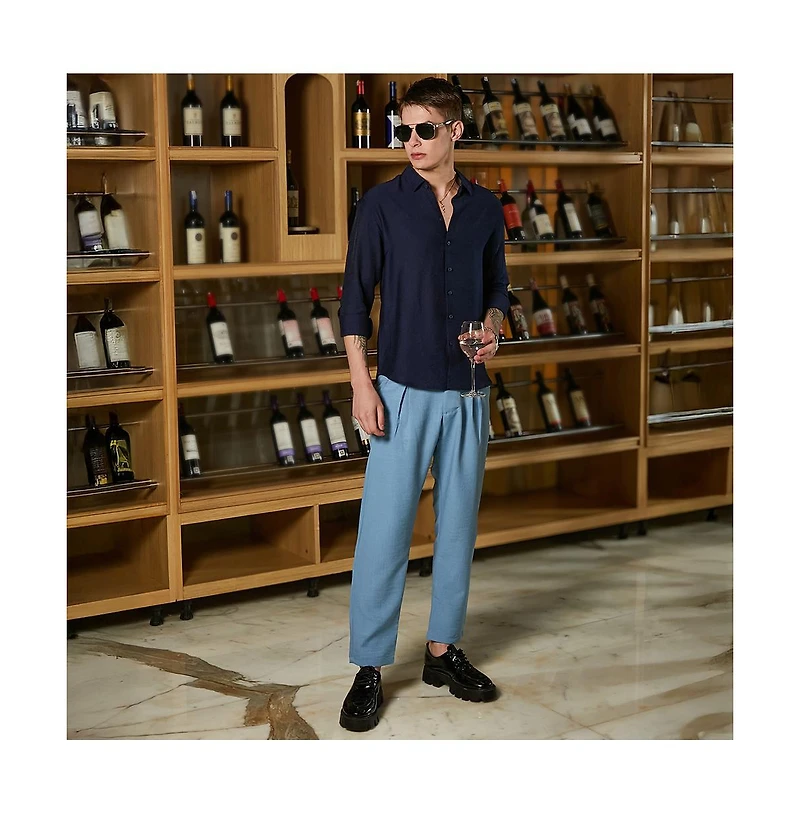 Campus Sutra Men's Navy Blue Breezy Wrinked Shirt