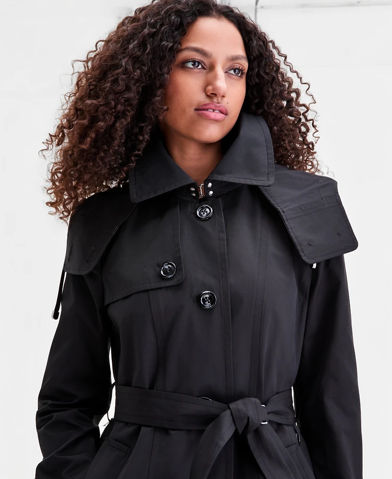 London Fog Women's Single-Breasted Belted Hooded Trench Coat