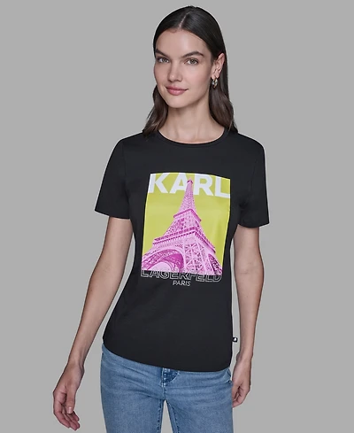 Karl Lagerfeld Paris Women's Eiffel Tower Printed Short-Sleeve T-Shirt