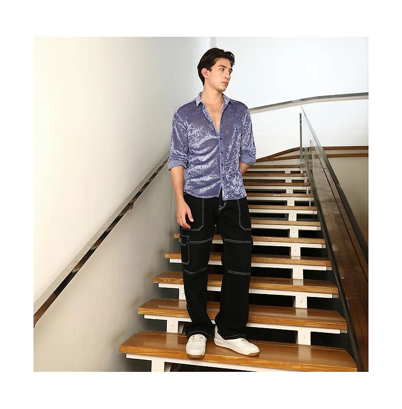 Campus Sutra Men's Cornflower Blue Solid Velvet Shirt