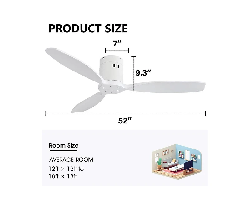 52-inch Modern White 3-Blade Flush Mount with Remote Control and Timing Function