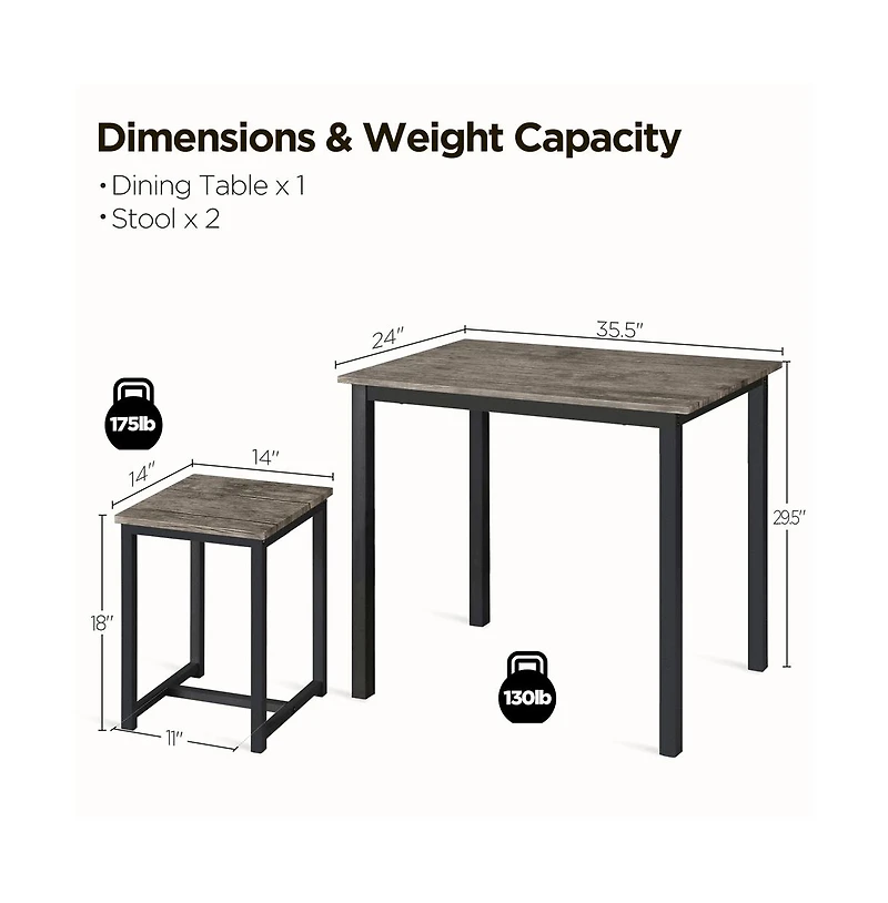 Industrial 3-Piece Dining Table Set Drift Brown