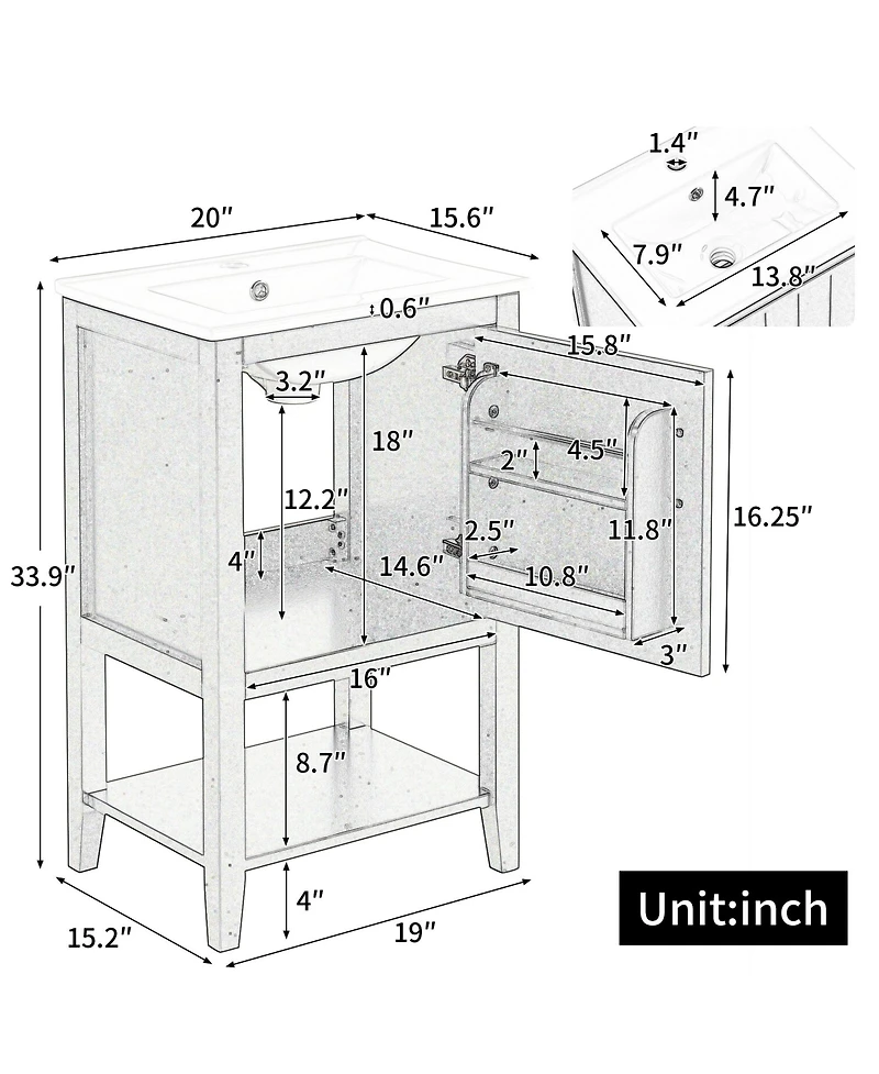 20" Bathroom Vanity with Sink, Cabinet Soft Closing Door, Storage Rack and Open Shelf, White