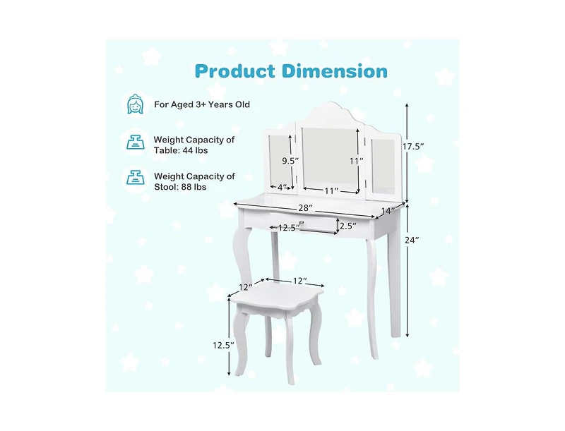Kids Dressing Vanity Set with Detachable Tri-Folding Mirror and Stool,Pink