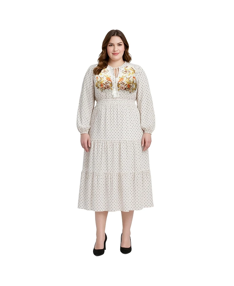 Standards & Practices Plus Printed And Embroidered Long Sleeve Maxi Dress