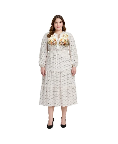 Standards & Practices Plus Printed And Embroidered Long Sleeve Maxi Dress