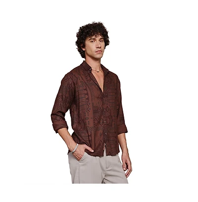 Campus Sutra Men's Russet Brown Aztec-Imprint Shirt