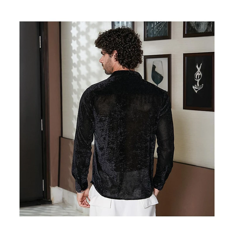 Campus Sutra Men's Onyx Black Solid Velvet Shirt