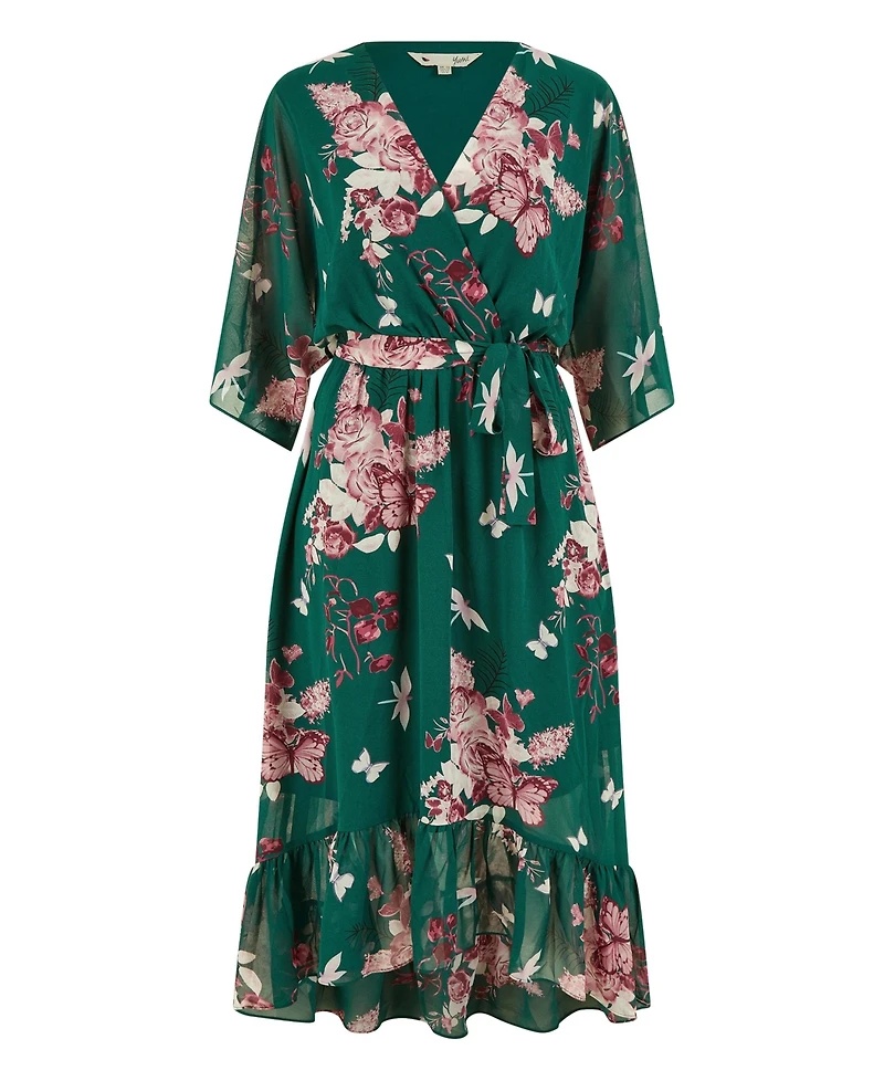 Yumi Women's Floral Kimono Dipped Hem Dress