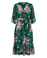 Yumi Women's Floral Kimono Dipped Hem Dress