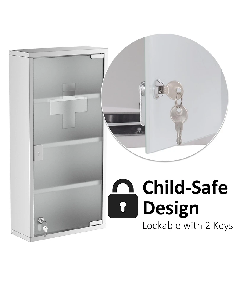 Airsurfer Wall Mounted Medicine Cabinet Locking Storage Cabinet with 4 Tier Shelves Stainless Steel Frame Glass Door
