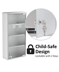 Airsurfer Wall Mounted Medicine Cabinet Locking Storage Cabinet with 4 Tier Shelves Stainless Steel Frame Glass Door