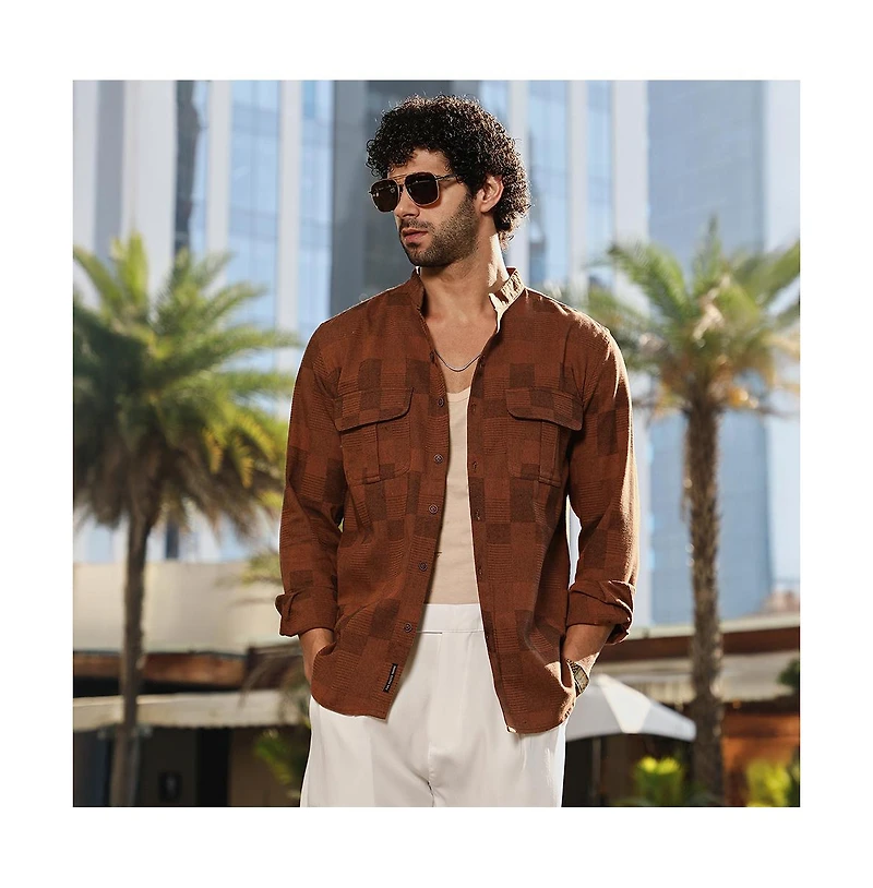 Campus Sutra Men's Russet Brown Mandarin Utility Shirt