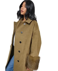 Warehouse Women's Patch Pocket Faux Fur Cuff Maxi Coat