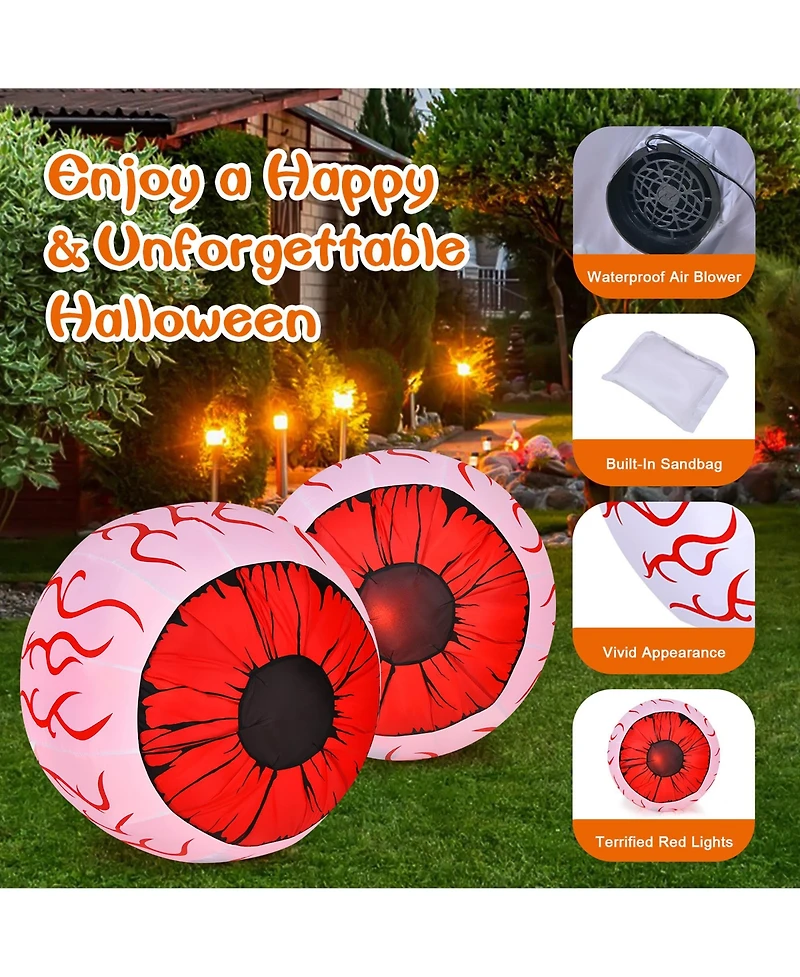 2 Pack 3 Ft Halloween Inflatable Eyeballs w/ Air Blower & Red Led Lights