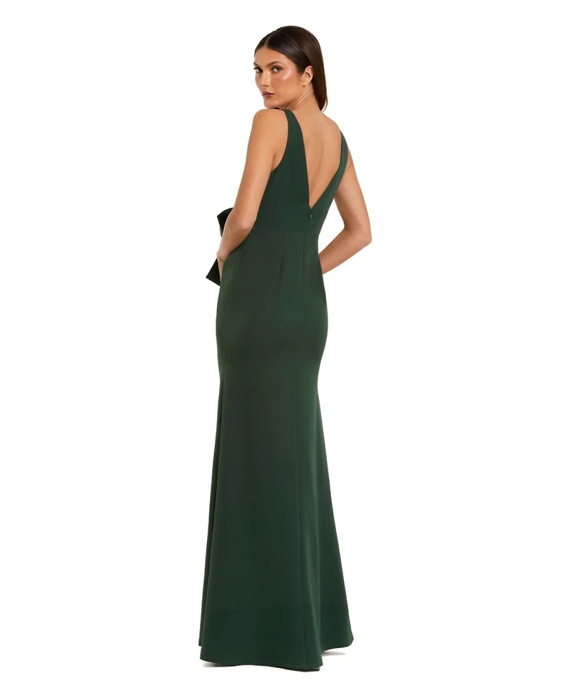 Mac Duggal Women's Crepe Sleeveless V Neck Column Dress With Bow