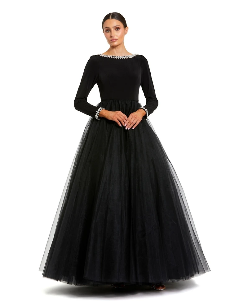 Mac Duggal Women's Embellished Jersey Long Sleeve Ballgown With Tulle Skirt
