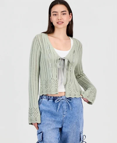 Hooked Up by Iot Juniors' Pointelle Tie-Front Cardigan