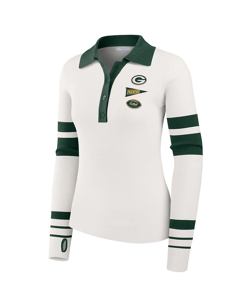 Wear by Erin Andrews Women's White Green Bay Packers Ribbed Henley Polo Shirt