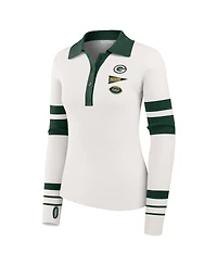 Wear by Erin Andrews Women's White Green Bay Packers Ribbed Henley Polo Shirt