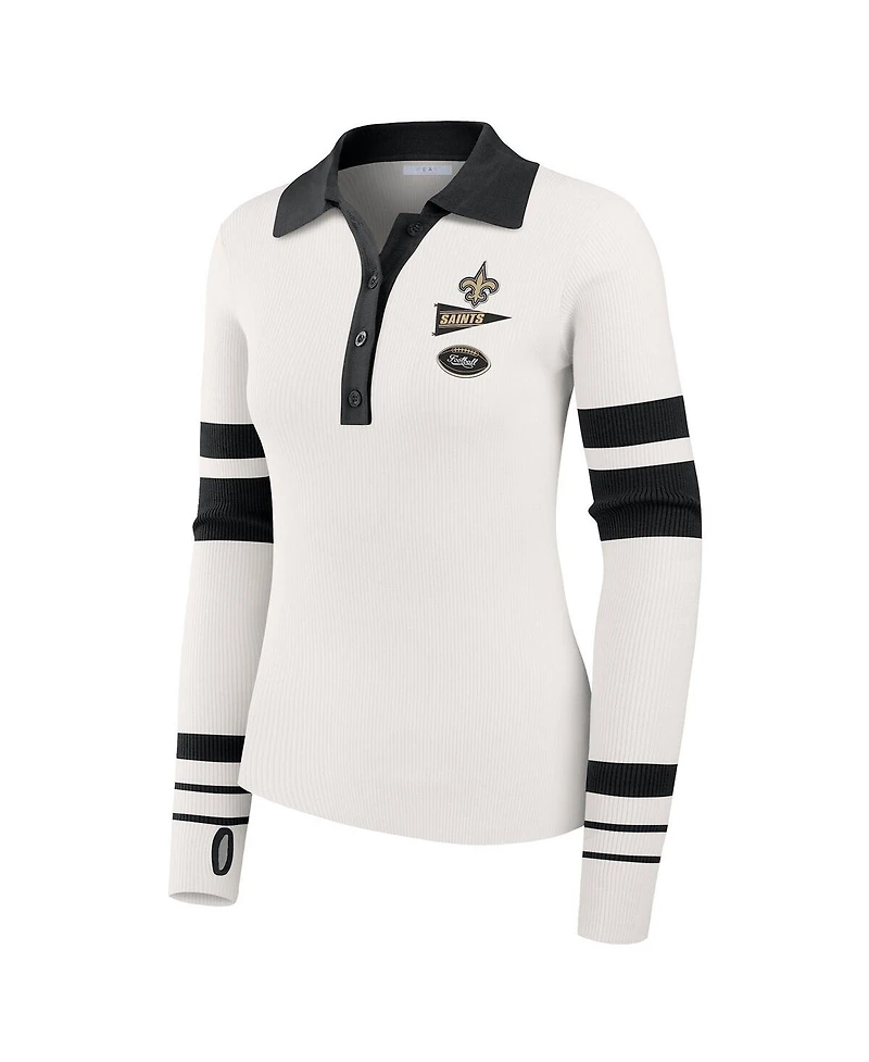 Wear by Erin Andrews Women's White New Orleans Saints Ribbed Henley Polo Shirt