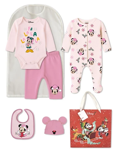 Disney Baby Girls 5-Piece Minnie Mouse Coverall, Bodysuit, Cap, Bib and Pants Set