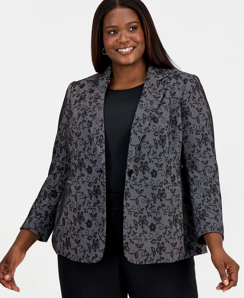 Kasper Plus Floral Print One-Button Blazer