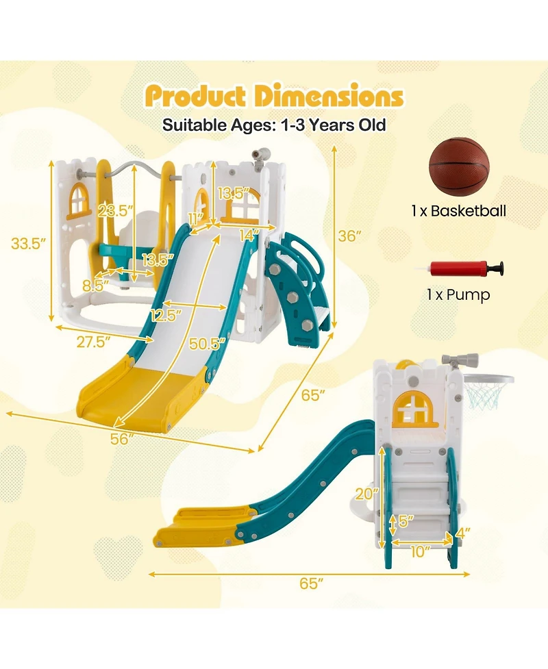 7-in-1 Toddler Swing and Slide Set L-shaped with Ladder and Basketball Hoop