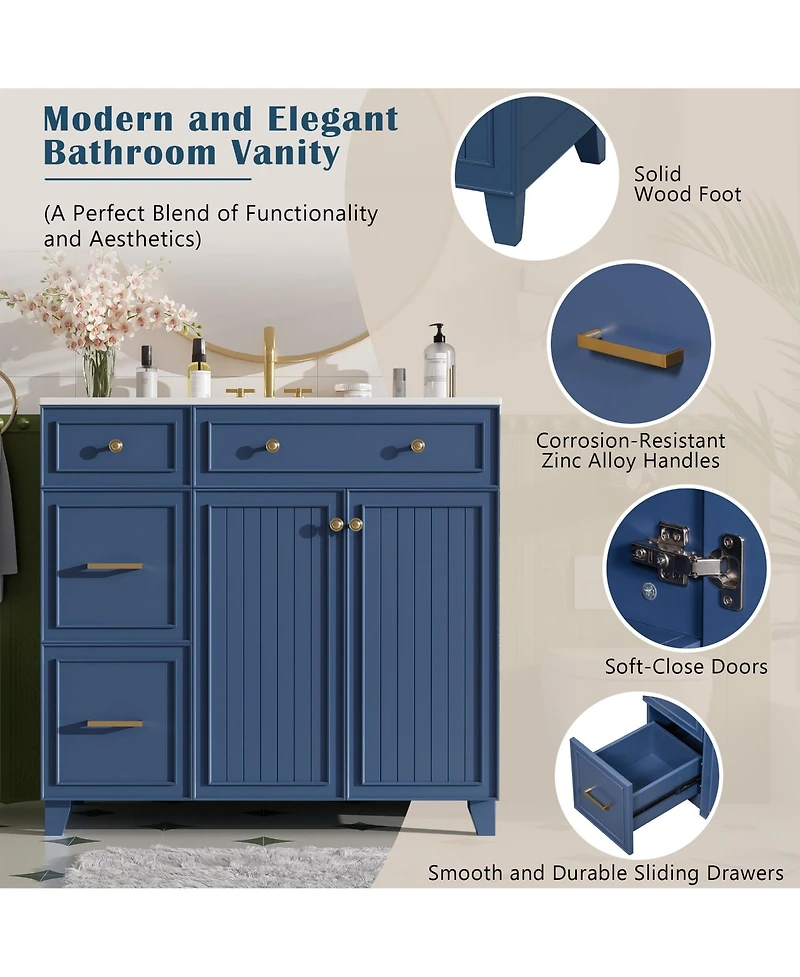 Airsurfer 36" Vanity with Ceramic Sink,Double Layer Drawers, Soft-Close Doors, Adjustable Shelves, Modern Storage Cabinet for Small & Medium Bathrooms