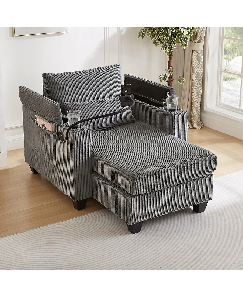 Convertible Chaise Lounge 37.4 Inches Sofa Chair Bed Corduroy Sleeper with Usb Ports , Two Cup Holders, Phone Holder and Ample Storage Space