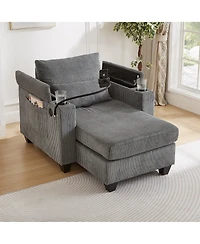 Convertible Chaise Lounge 37.4 Inches Sofa Chair Bed Corduroy Sleeper with Usb Ports , Two Cup Holders, Phone Holder and Ample Storage Space
