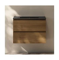 Swiss Madison 30" Wall-Mounted Bathroom Vanity in Brown Oak, Black 3-Hole Widespread Sink Top
