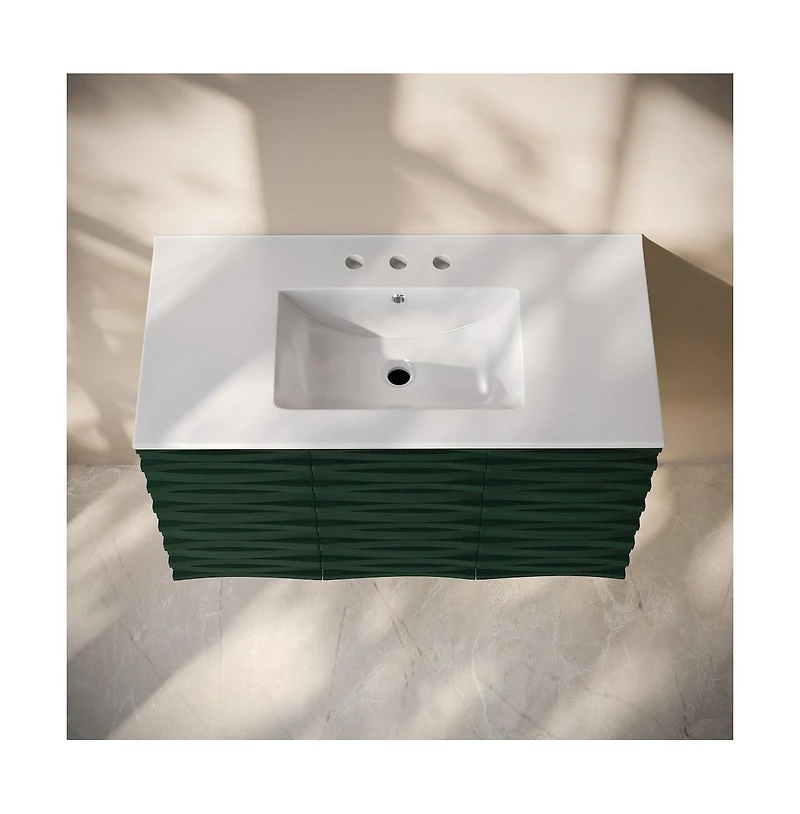 Swiss Madison 36 " Wall-Mounted Bathroom Vanity in Green Oak with 3-Hole Widespread Sink Top