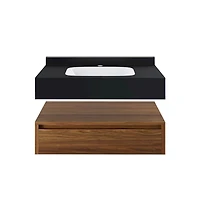 Swiss Madison Avancer 36" Wall-Mounted Bathroom Vanity in Brown Oak with Black Marble Sink Top