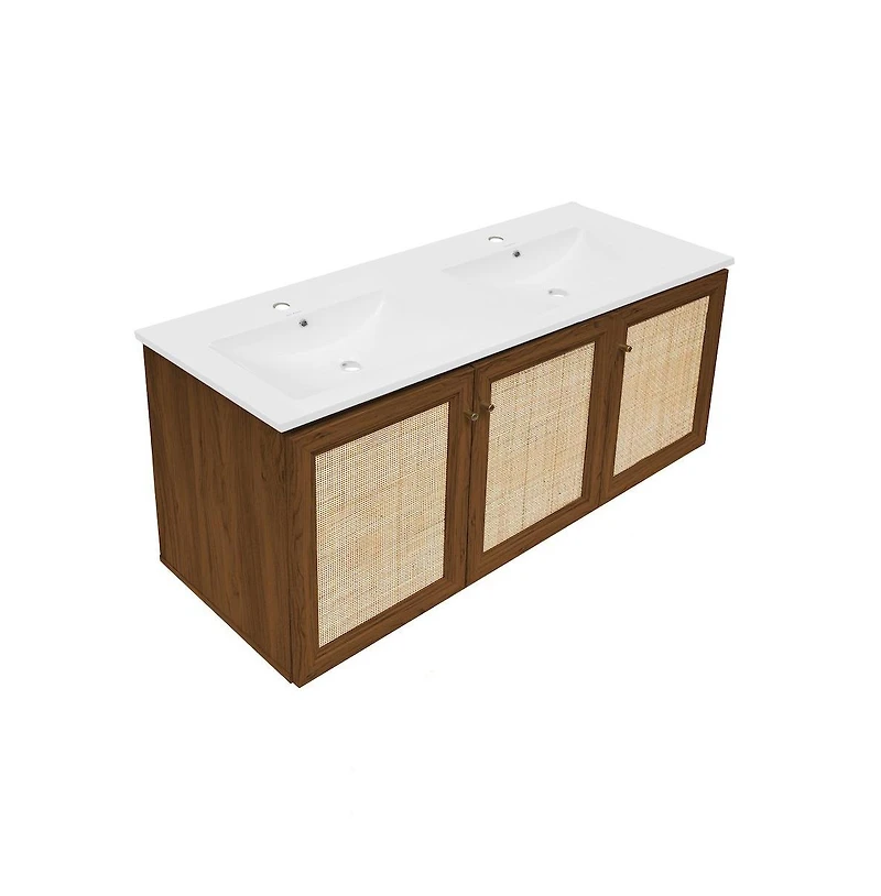Swiss Madison Classe 48" Wall-Mounted Bathroom Vanity in Brown Oak with Double Basin Sink Top