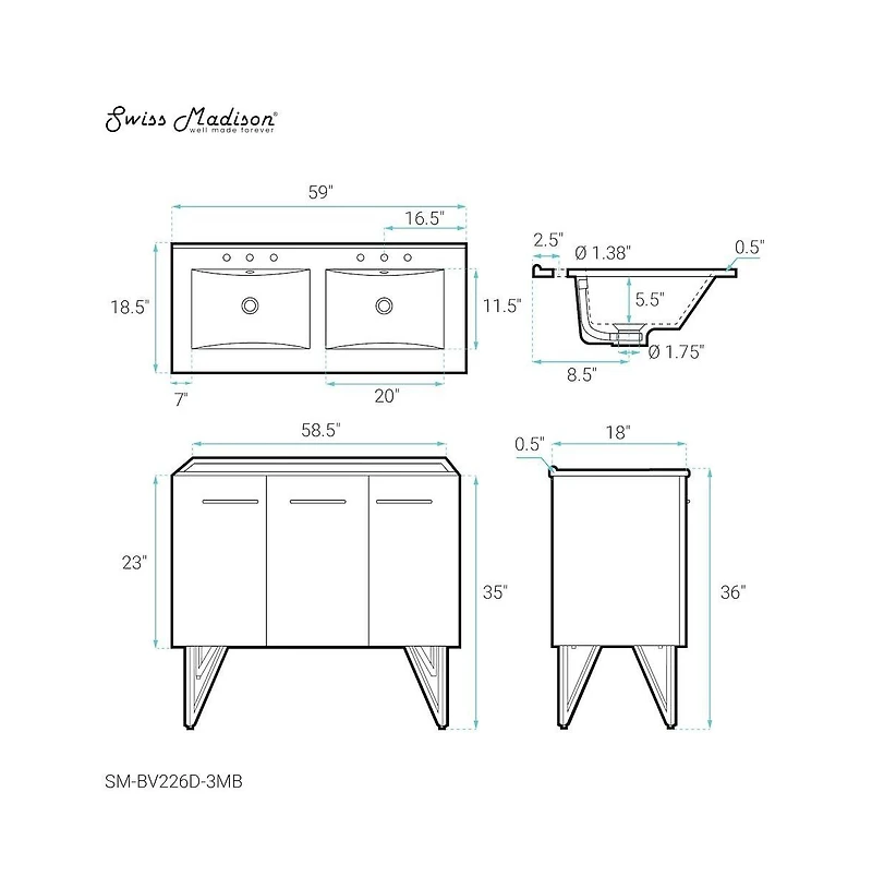 60 in. Double Basin Bathroom Vanity, 3-Hole Artificial Stone Sink Top