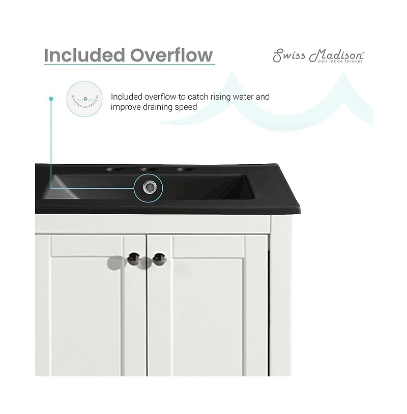 Swiss MadisonCannes 24 in. White Bathroom Vanity With Black, 3-Hole Ceramic Sink Top