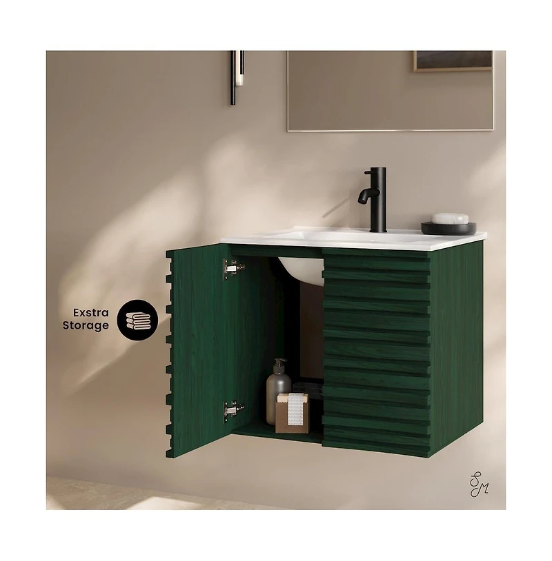 Swiss Madison Cascade 24" Wall-Mounted Bathroom Vanity in Green Oak with Sink Top