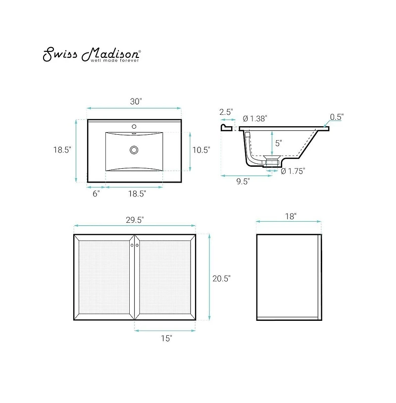 Swiss Madison 30" Wall-Mounted Bathroom Vanity in Black Oak with Single Faucet Hole Vanity Top