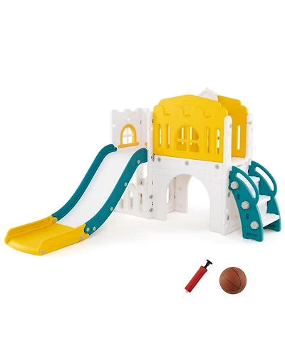 9-in-1 Toddler Slide L-Shaped with Basketball Hoop and Steering Wheel