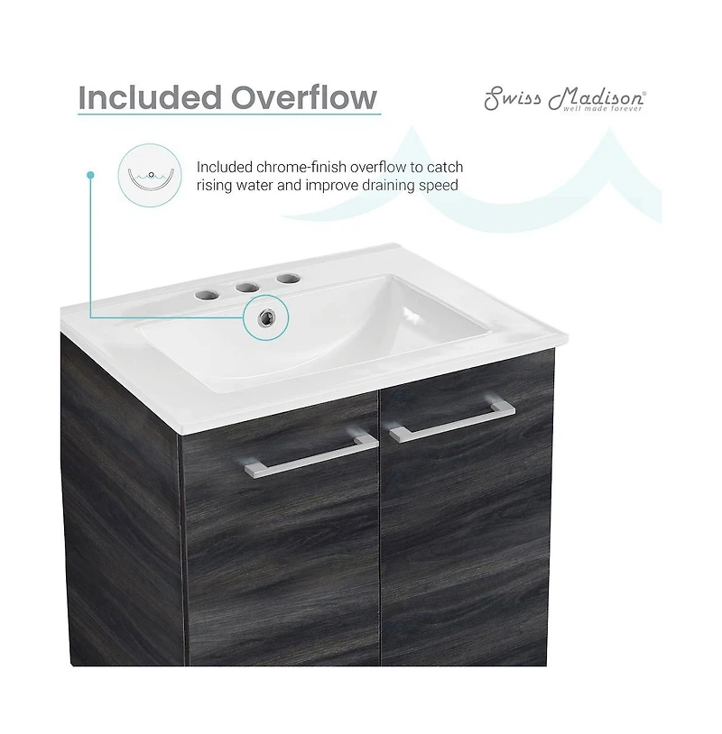 Swiss Madison Annecy 24 in. Black Walnut Bathroom Vanity With White, 3-Hole Ceramic Sink Top
