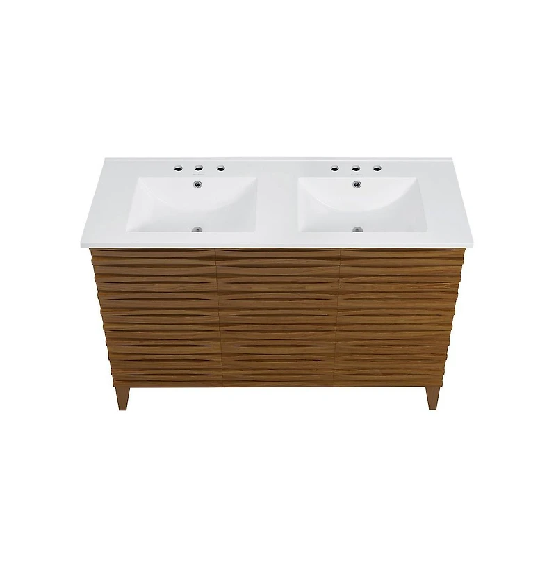 48 in. Brown Oak, Double Basin Bathroom Vanity, White, 3-Hole Ceramic Sink Top