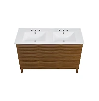 48 in. Brown Oak, Double Basin Bathroom Vanity, White, 3-Hole Ceramic Sink Top