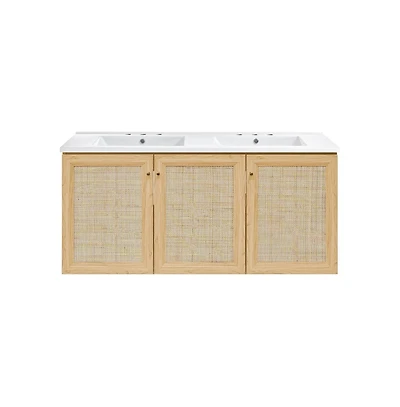 48" Wall-Mounted Bathroom Vanity, 3-Hole Widespread Double Basin Sink Top