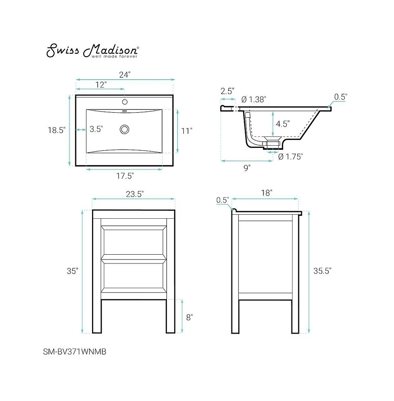 Swiss Madison Nadar 24 in. Brown Walnut Bathroom Vanity With Black Ceramic Sink Top
