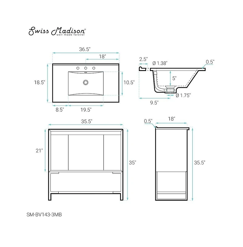 Swiss MadisonMarseille 36 in. Gray Bathroom Vanity With Black, 3-Hole Ceramic Sink Top
