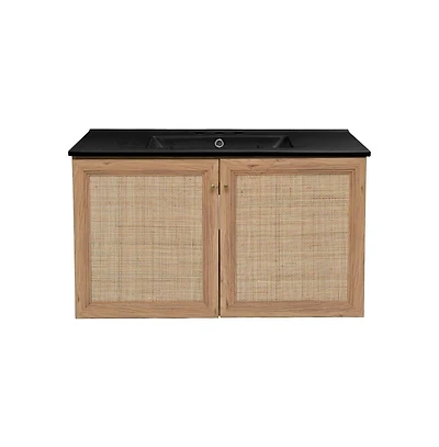 Swiss Madison 36 in. Brown Oak Wall Hung Bathroom Vanity With Black, 3-Hole Ceramic Sink Top