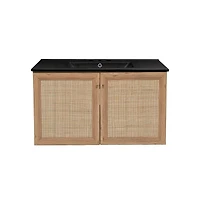 Swiss Madison 36 in. Brown Oak Wall Hung Bathroom Vanity With Black, 3-Hole Ceramic Sink Top